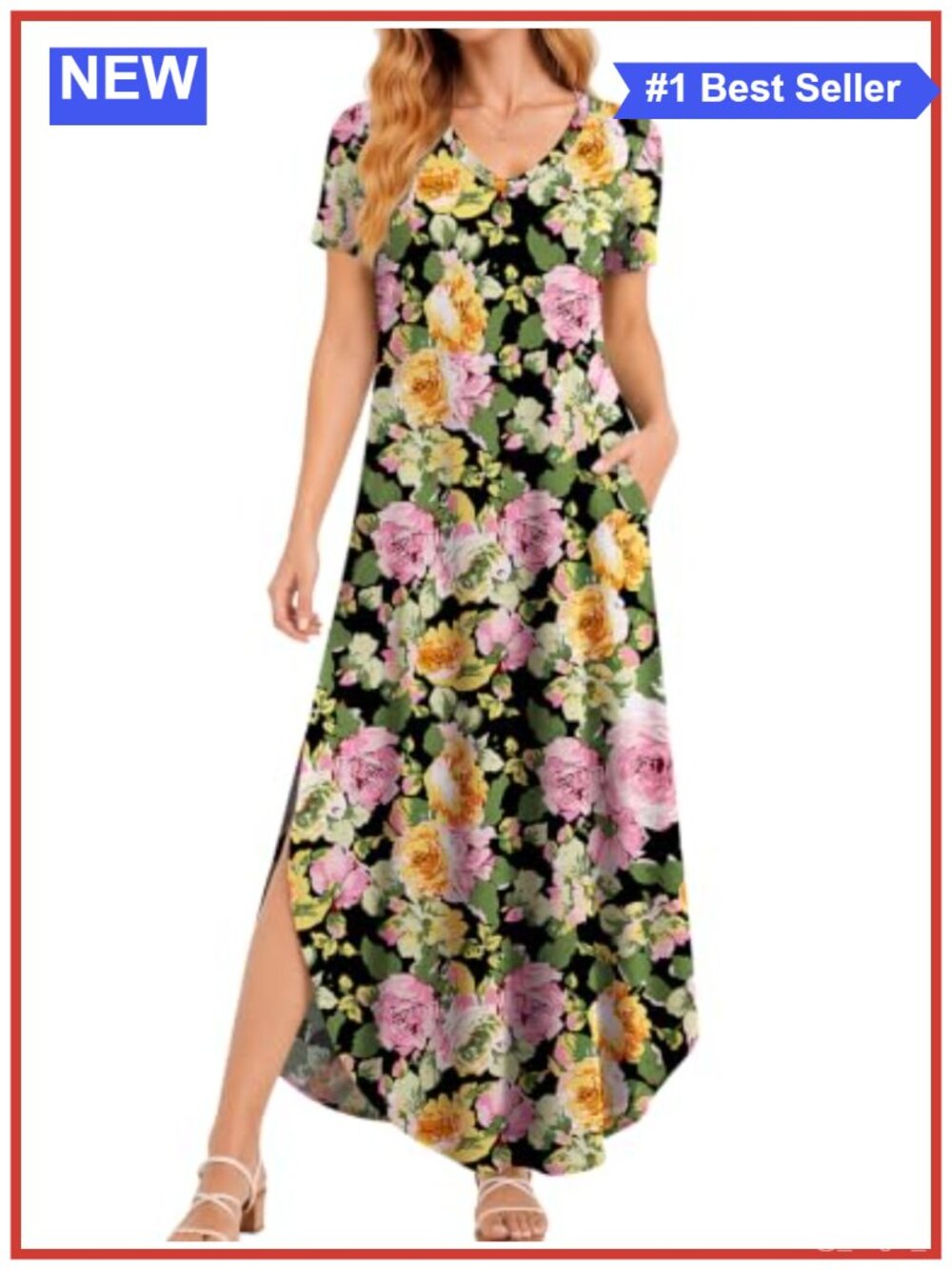 V-Neck Maxi Sundress Short Sleeve Floral Summer Dress with Pockets